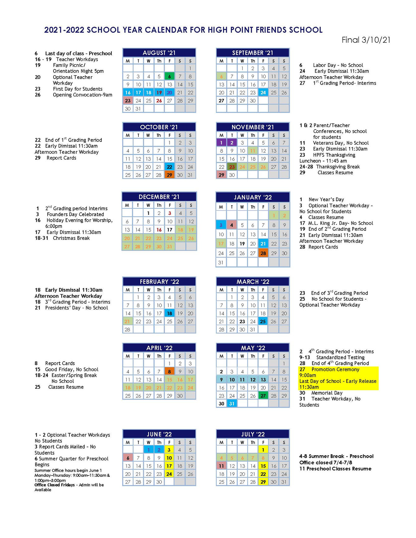 Surry Community College Calendar 2022 2021-2022 Calendar - High Point Friends School
